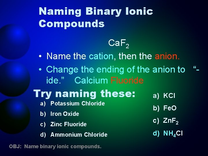 Naming Binary Ionic Compounds Ca. F 2 • Name the cation, then the anion.