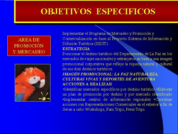 OBJETIVOS ESPECIFICOS AREA DE PROMOCIÓN Y MERCADEO Implementar el Programa de Mercadeo y Promoción