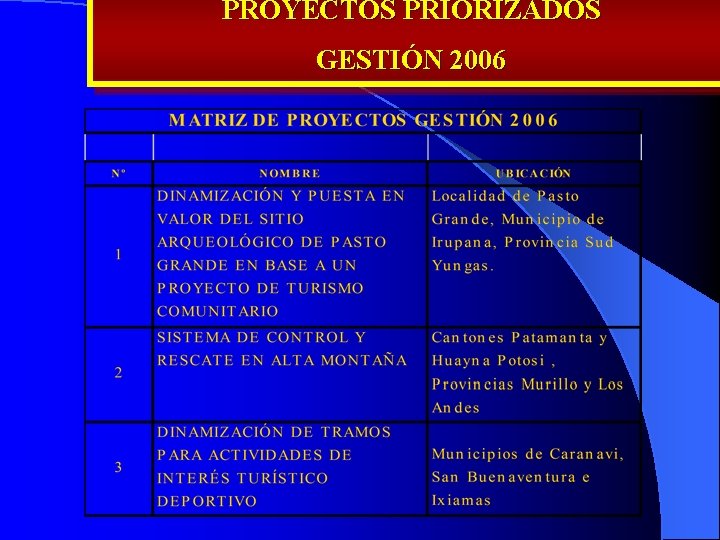 PROYECTOS PRIORIZADOS GESTIÓN 2006 