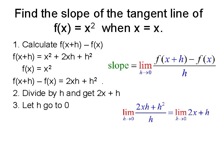 Find the slope of the tangent line of f(x) = x 2 when x