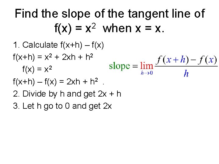 Find the slope of the tangent line of f(x) = x 2 when x