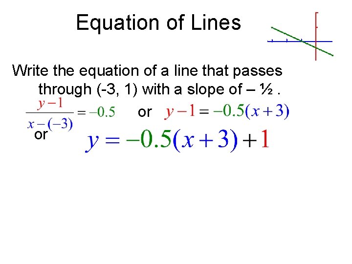 Equation of Lines Write the equation of a line that passes through (-3, 1)