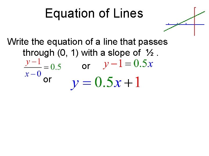 Equation of Lines Write the equation of a line that passes through (0, 1)