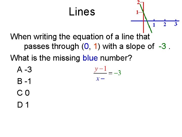 Lines When writing the equation of a line that passes through (0, 1) with