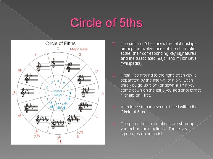 Circle of 5 ths � The circle of 5 ths shows the relationships among
