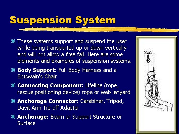 Suspension System z These systems support and suspend the user while being transported up