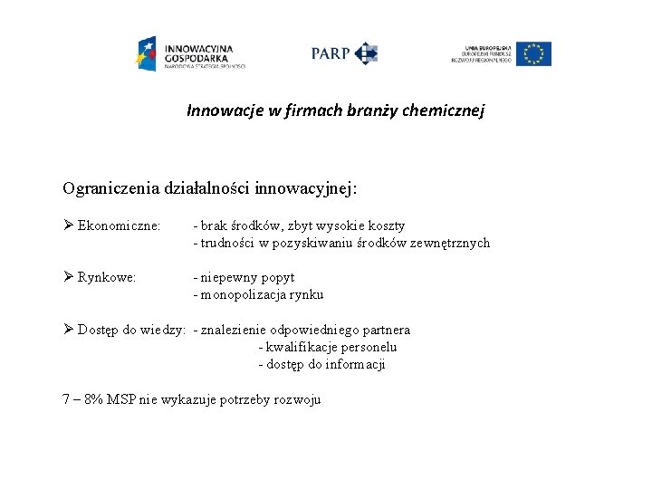 Innowacje w firmach branży chemicznej Ograniczenia działalności innowacyjnej: Ø Ekonomiczne: - brak środków, zbyt