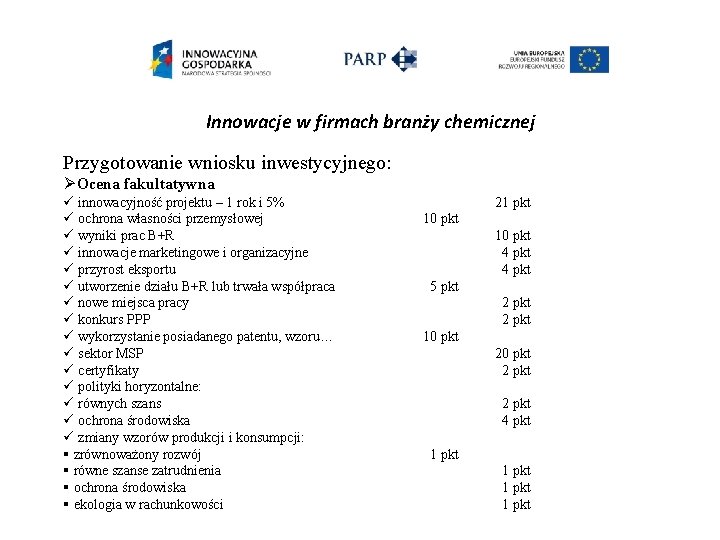 Innowacje w firmach branży chemicznej Przygotowanie wniosku inwestycyjnego: ØOcena fakultatywna ü innowacyjność projektu –