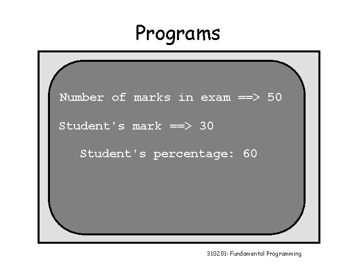 Programs Number of marks in exam ==> 50 Student's mark ==> 30 Student's percentage: