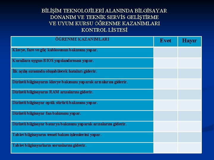 BİLİŞİM TEKNOLOJİLERİ ALANINDA BİLGİSAYAR DONANIM VE TEKNİK SERVİS GELİŞTİRME VE UYUM KURSU ÖĞRENME KAZANIMLARI