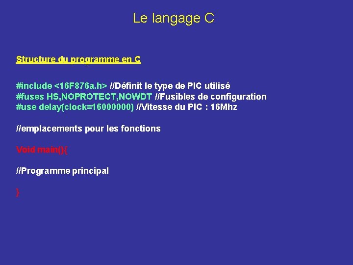 Le langage C Structure du programme en C #include <16 F 876 a. h>