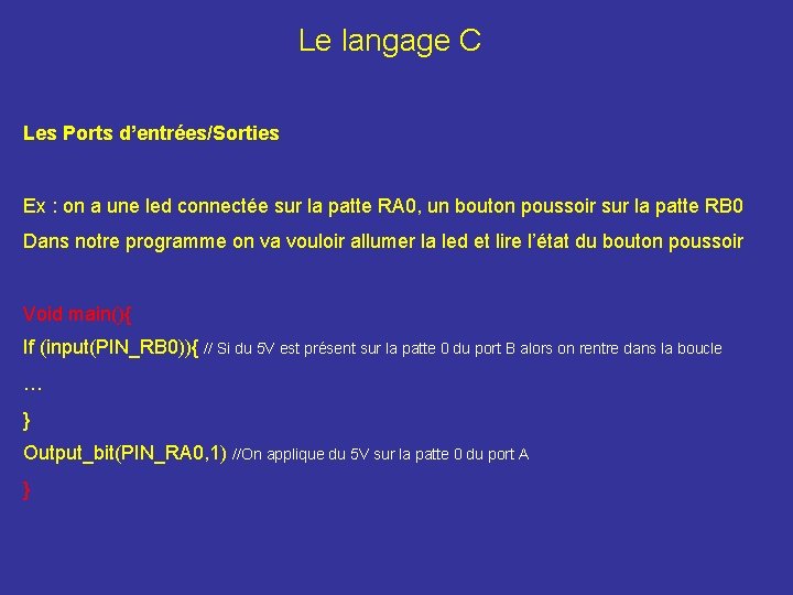 Le langage C Les Ports d’entrées/Sorties Ex : on a une led connectée sur