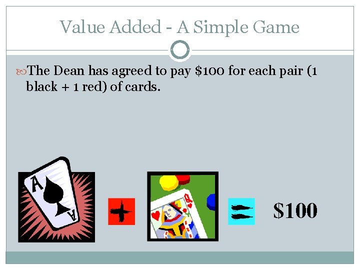 Value Added - A Simple Game The Dean has agreed to pay $100 for