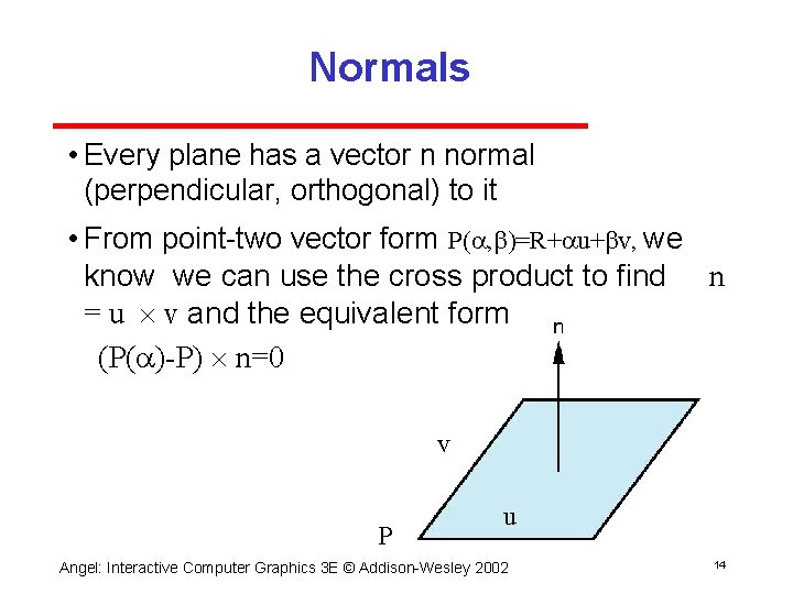 Normals • Every plane has a vector n normal (perpendicular, orthogonal) to it •