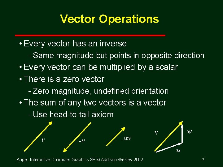 Vector Operations • Every vector has an inverse Same magnitude but points in opposite