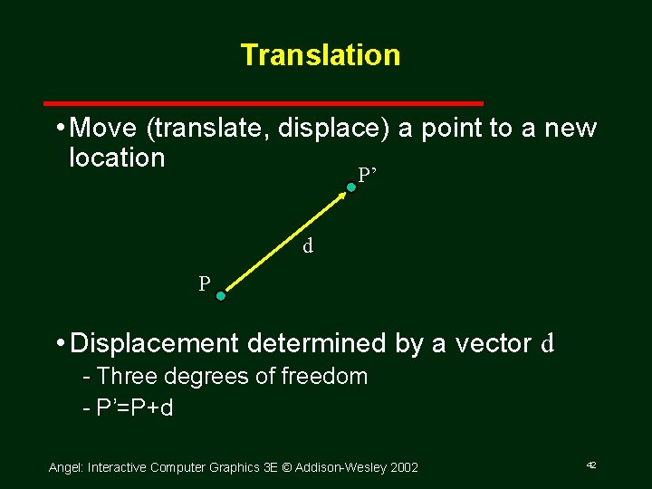 Translation • Move (translate, displace) a point to a new location P’ d P