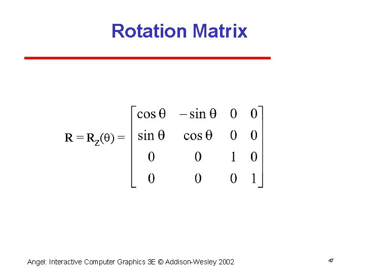 Rotation Matrix R = Rz(q) = Angel: Interactive Computer Graphics 3 E © Addison