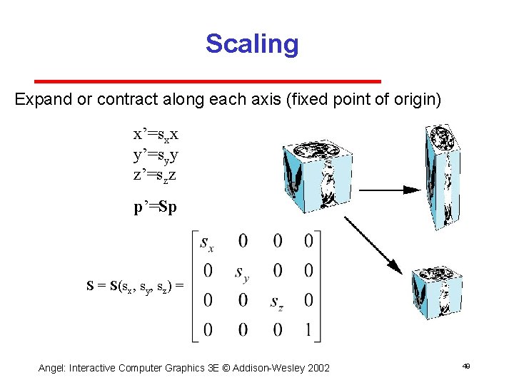 Scaling Expand or contract along each axis (fixed point of origin) x’=sxx y’=syy z’=szz