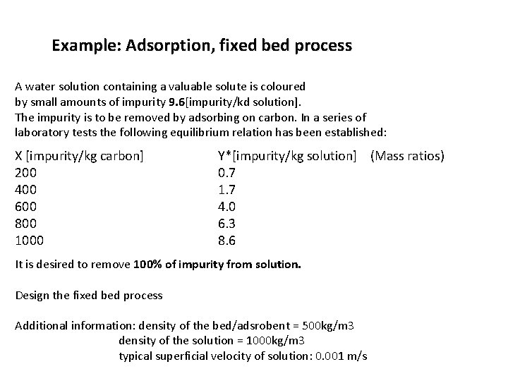 Example: Adsorption, fixed bed process A water solution containing a valuable solute is coloured