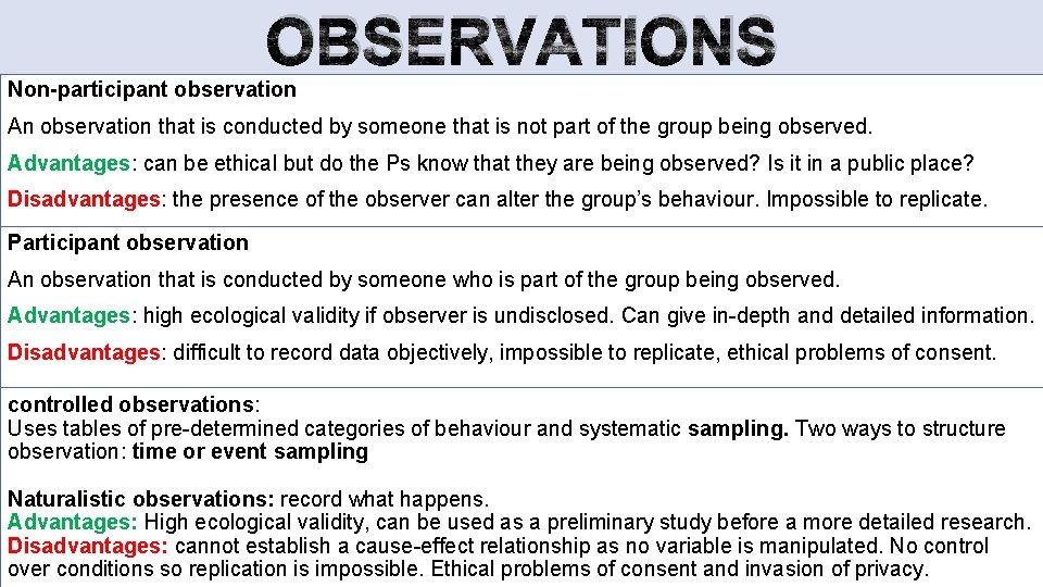 OBSERVATIONS Non-participant observation An observation that is conducted by someone that is not part