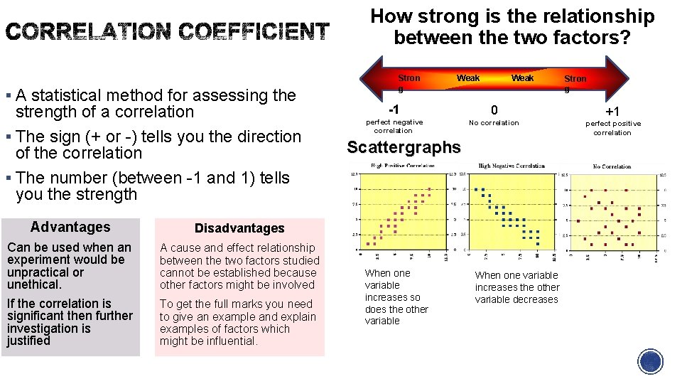 CORRELATION COEFFICIENT A statistical method for assessing the strength of a correlation The sign