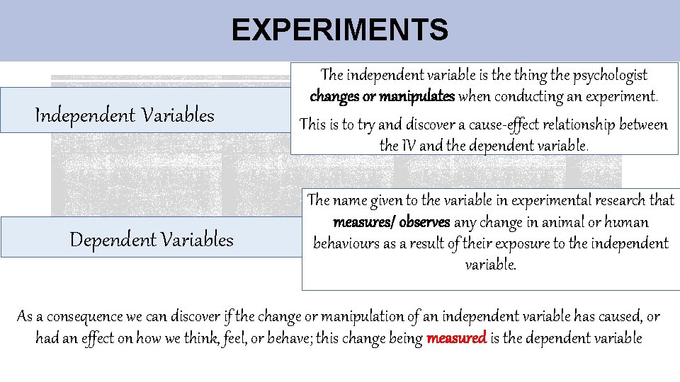 EXPERIMENTS Independent Variables Dependent Variables The independent variable is the thing the psychologist changes