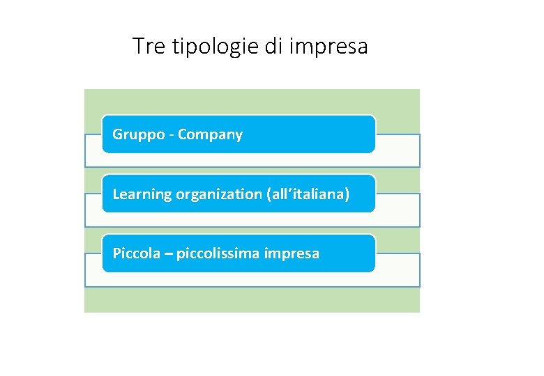 Tre tipologie di impresa Gruppo - Company Learning organization (all’italiana) Piccola – piccolissima impresa