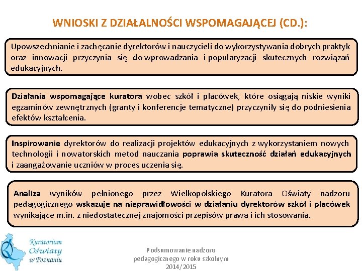 WNIOSKI Z DZIAŁALNOŚCI WSPOMAGAJĄCEJ (CD. ): Upowszechnianie i zachęcanie dyrektorów i nauczycieli do wykorzystywania