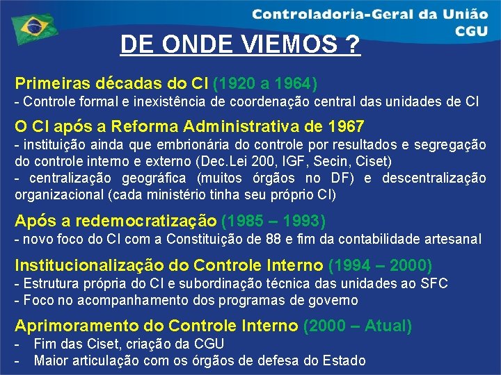 DE ONDE VIEMOS ? Primeiras décadas do CI (1920 a 1964) - Controle formal