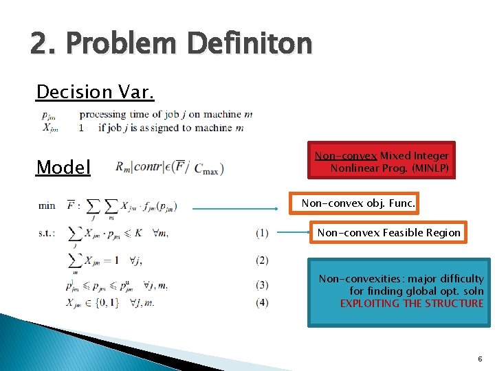 2. Problem Definiton Decision Var. Model Non-convex Mixed Integer Nonlinear Prog. (MINLP) Non-convex obj.
