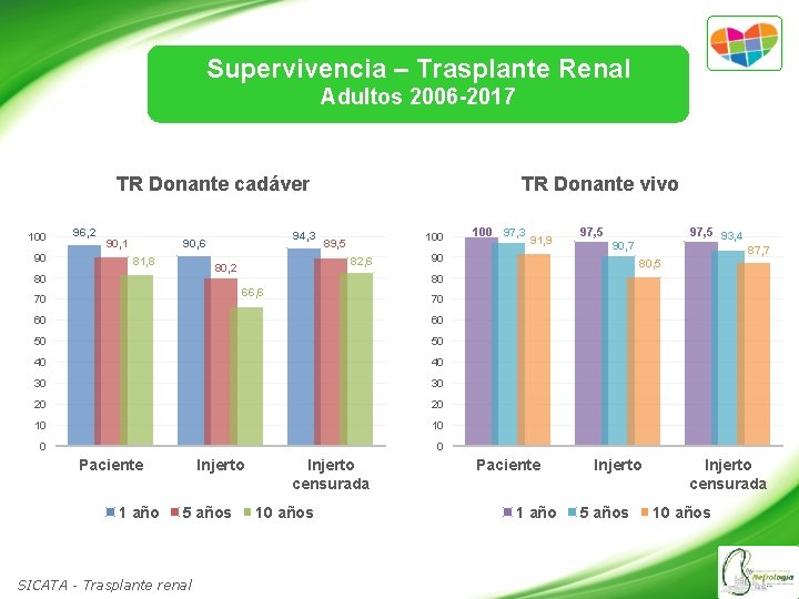 Supervivencia – Trasplante Renal Adultos 2006 -2017 TR Donante cadáver 100 90 96, 2