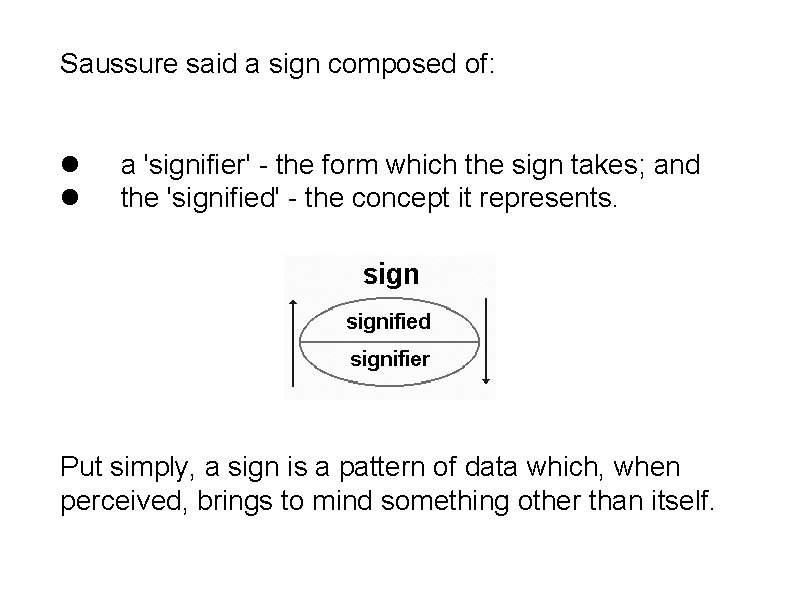 Saussure said a sign composed of: a 'signifier' - the form which the sign