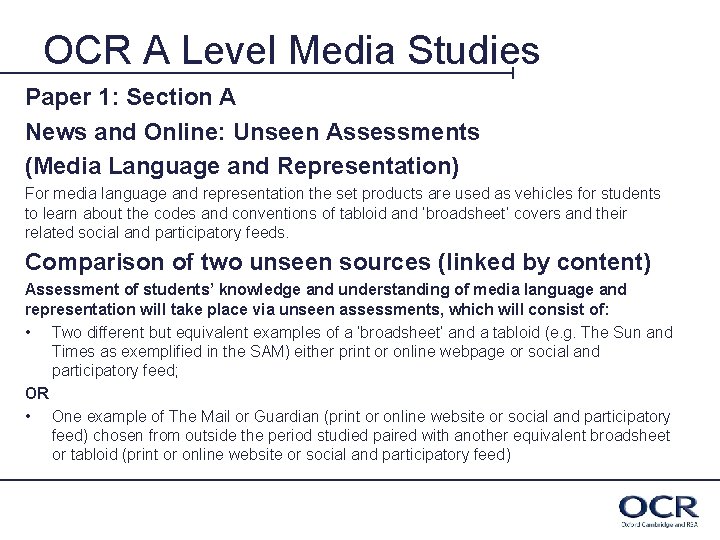 OCR A Level Media Studies Paper 1: Section A News and Online: Unseen Assessments