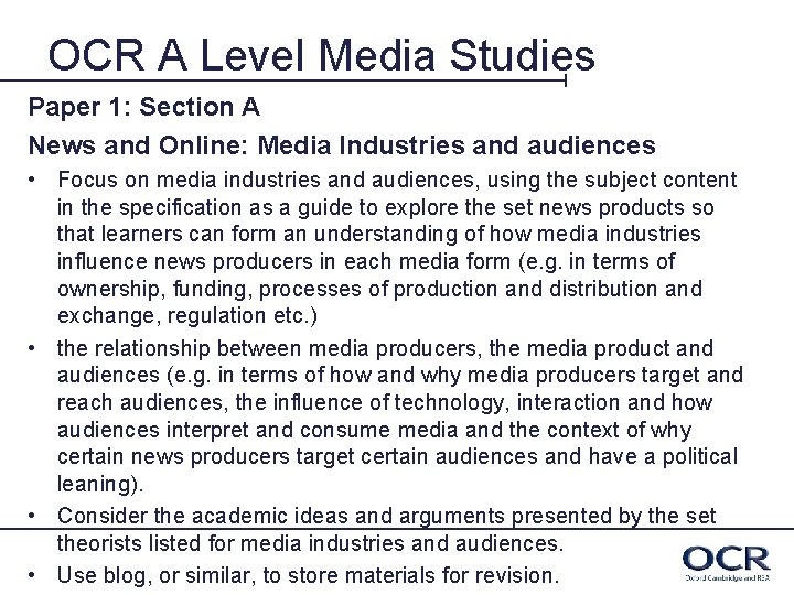 OCR A Level Media Studies Paper 1: Section A News and Online: Media Industries