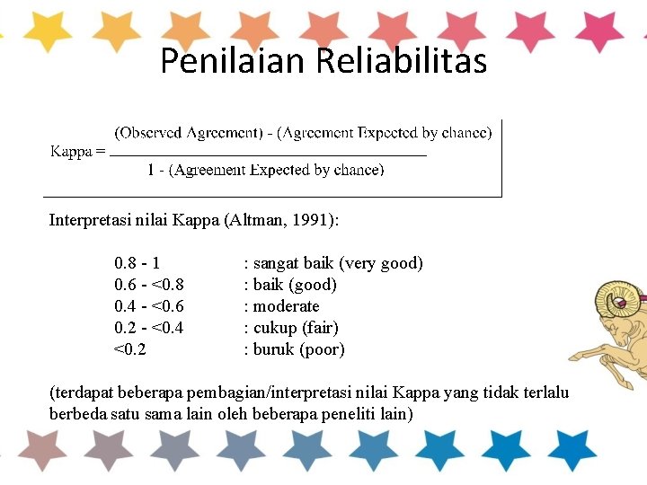 Penilaian Reliabilitas Interpretasi nilai Kappa (Altman, 1991): 0. 8 - 1 0. 6 -
