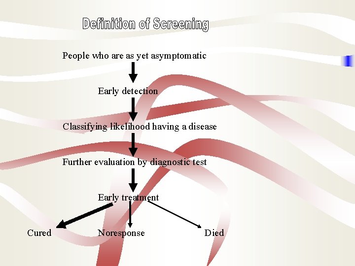 People who are as yet asymptomatic Early detection Classifying likelihood having a disease Further