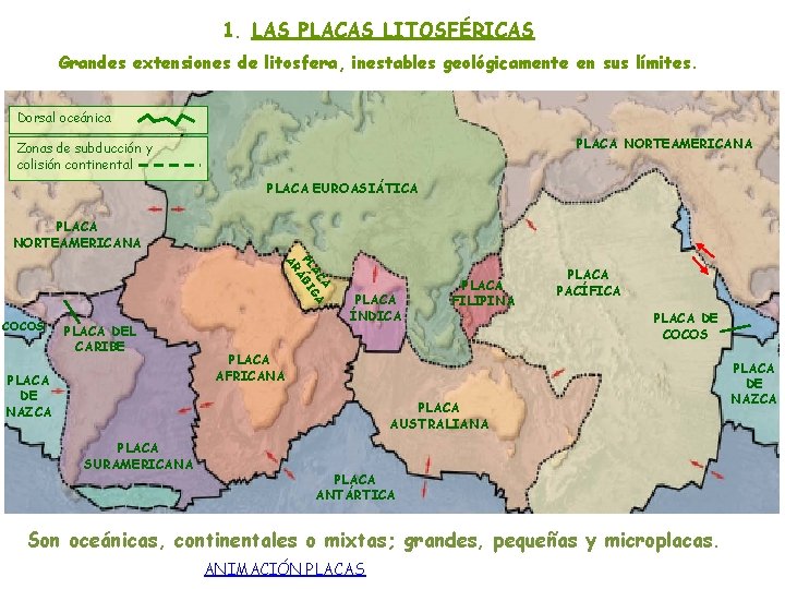 1. LAS PLACAS LITOSFÉRICAS Grandes extensiones de litosfera, inestables geológicamente en sus límites. Dorsal 1. LAS PLACAS LITOSFÉRICAS Grandes extensiones de litosfera, inestables geológicamente en sus límites. Dorsal