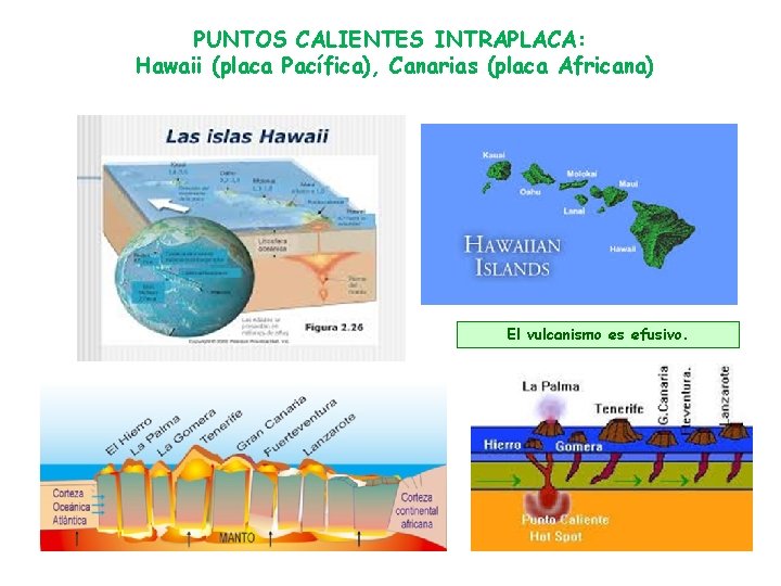 PUNTOS CALIENTES INTRAPLACA: Hawaii (placa Pacífica), Canarias (placa Africana) El vulcanismo es efusivo. PUNTOS CALIENTES INTRAPLACA: Hawaii (placa Pacífica), Canarias (placa Africana) El vulcanismo es efusivo.