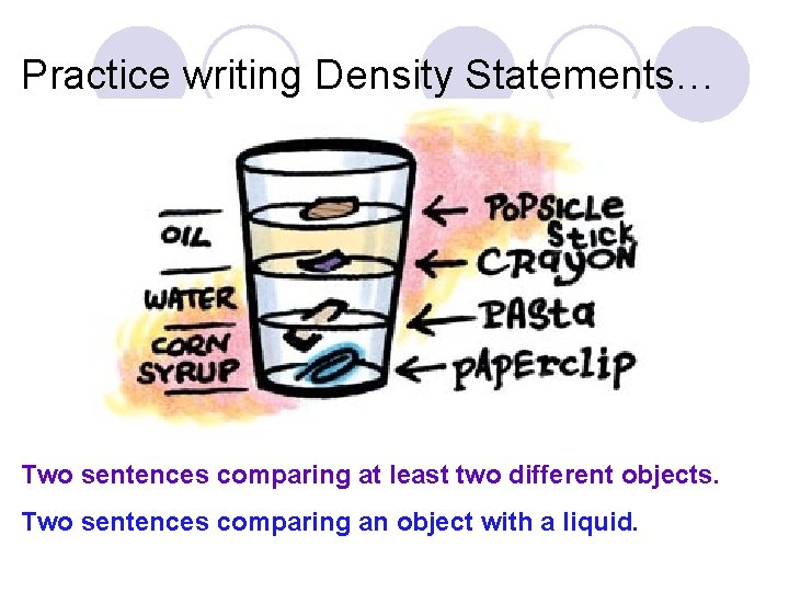 Practice writing Density Statements… Two sentences comparing at least two different objects. Two sentences