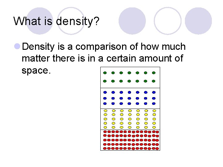 What is density? l Density is a comparison of how much matter there is