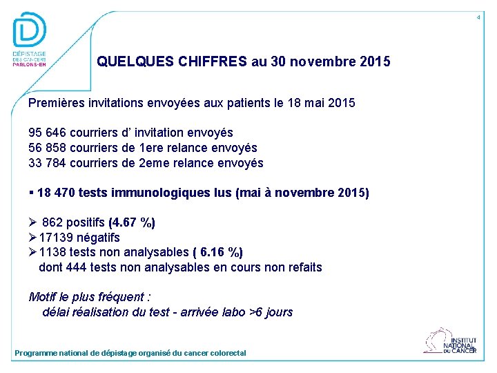 4 QUELQUES CHIFFRES au 30 novembre 2015 Premières invitations envoyées aux patients le 18