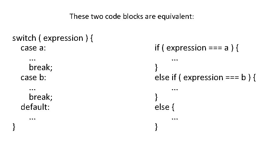 These two code blocks are equivalent: switch ( expression ) { case a: .