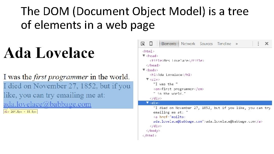 The DOM (Document Object Model) is a tree of elements in a web page