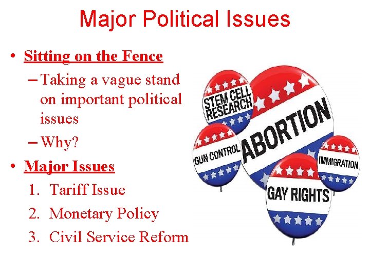 Major Political Issues • Sitting on the Fence – Taking a vague stand on
