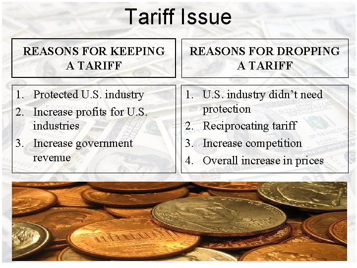 Tariff Issue REASONS FOR KEEPING A TARIFF 1. Protected U. S. industry 2. Increase