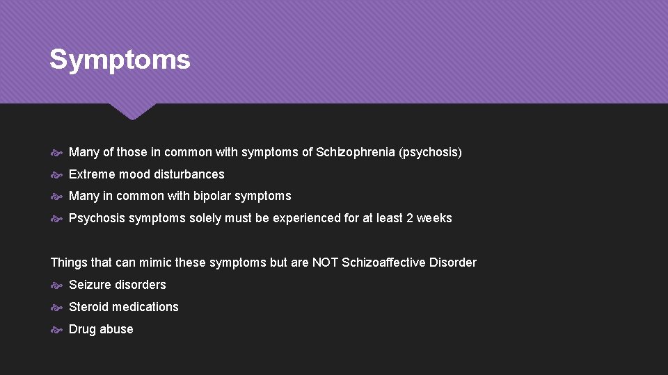 Symptoms Many of those in common with symptoms of Schizophrenia (psychosis) Extreme mood disturbances