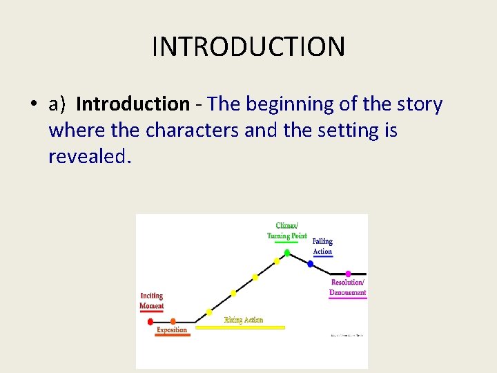 INTRODUCTION • a) Introduction - The beginning of the story where the characters and INTRODUCTION • a) Introduction - The beginning of the story where the characters and