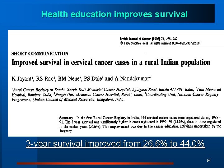 Health education improves survival 3 -year survival improved from 26. 6% to 44. 0%