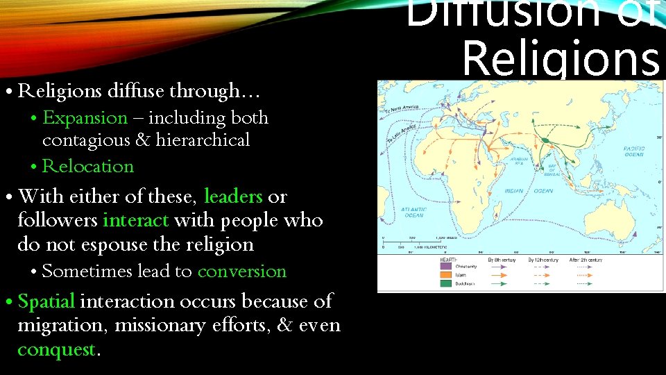  • Religions diffuse through… • Expansion – including both contagious & hierarchical •