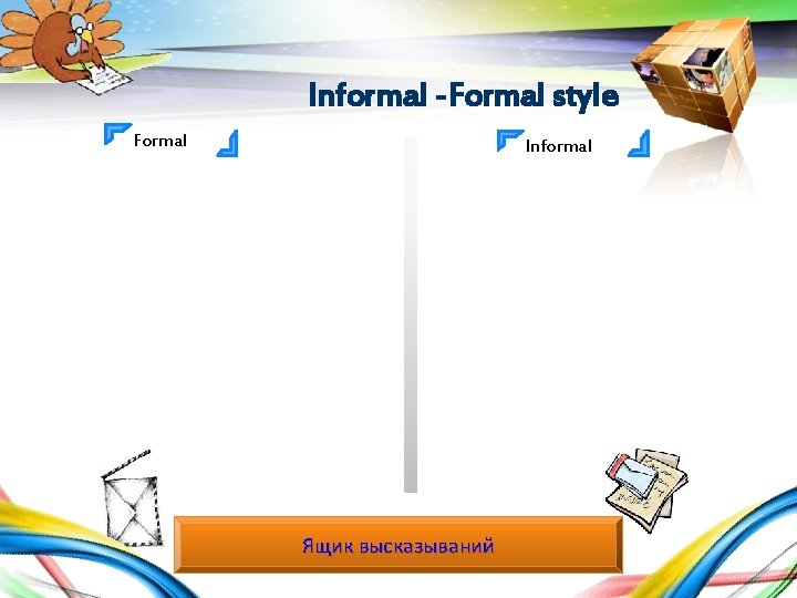 LOGO Informal -Formal style Formal Informal высказываний I would IIWell, Why Iam I’d Thanks